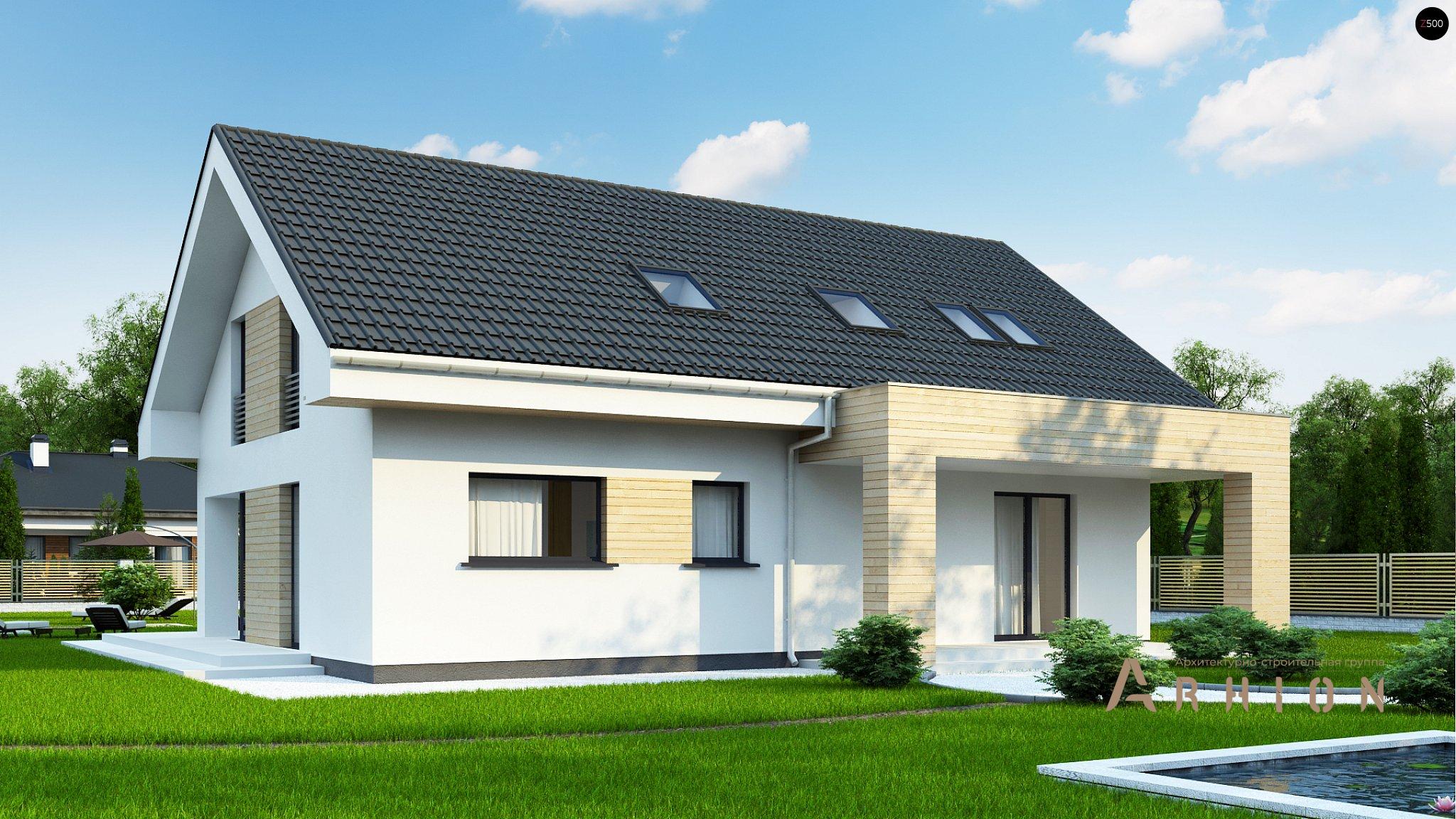 1. Проект одноэтажного дома в канадском стиле с двускатной кровлей, Z160 A, площадью - 181 кв c мансардой, терассой, балконом, эркером